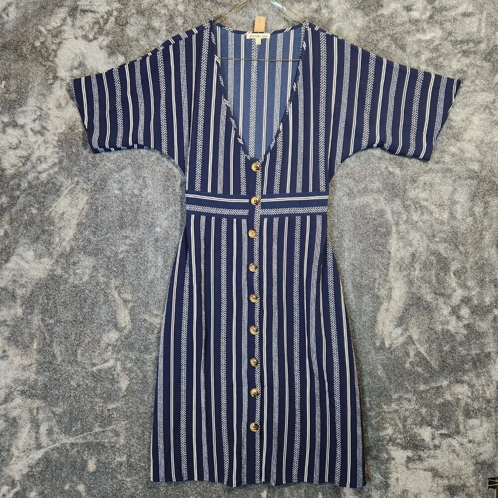 NWT Charlotte Russe V Neck Button Up Back Tie Striped Mini Dress Blue Size Small - Picture 2 of 12